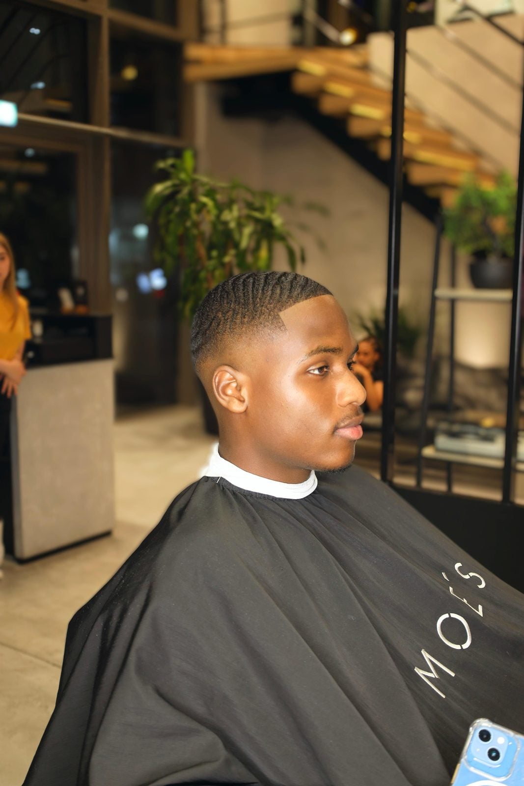 Skin fade with waves and sharp line-up